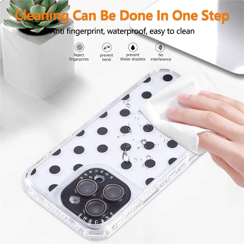 For iPhone 16 Pro Case Polka Dot Pattern Clear PC + TPU Phone Cover with Lens Film - Black