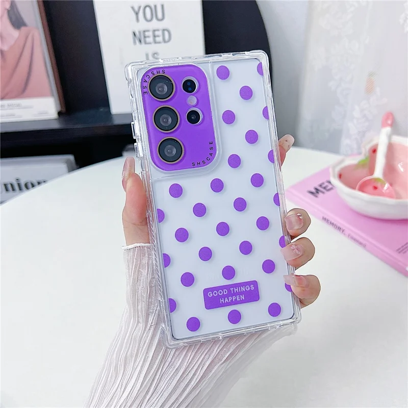 For Samsung Galaxy S25 Ultra Case Clear PC + TPU Phone Cover with Polka Dot Pattern and Lens Film - Purple
