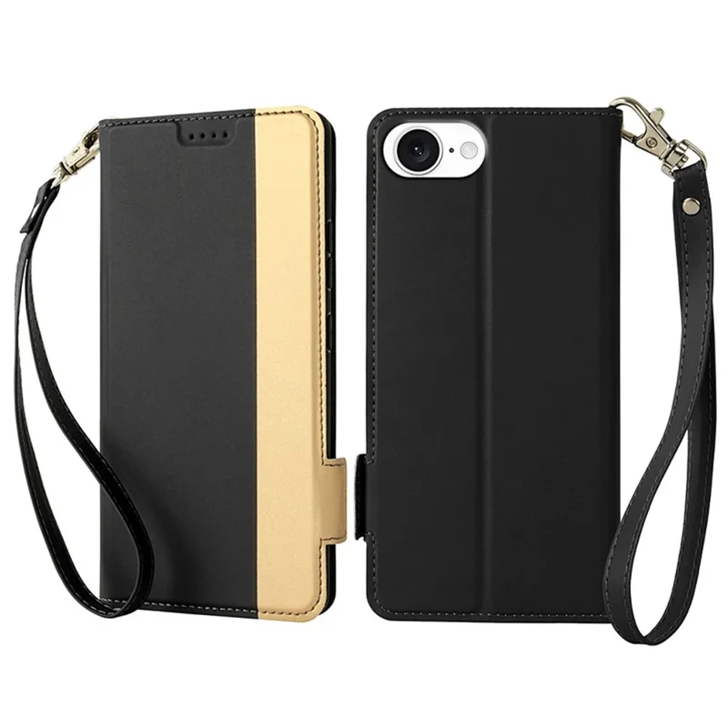 For iPhone 17e / 16e Case Color Splicing PU Leather Card Holder Phone Cover with Strap - Black