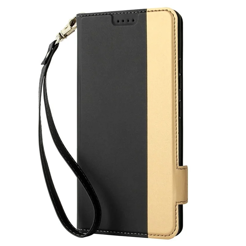 For iPhone 17e / 16e Case Color Splicing PU Leather Card Holder Phone Cover with Strap - Black