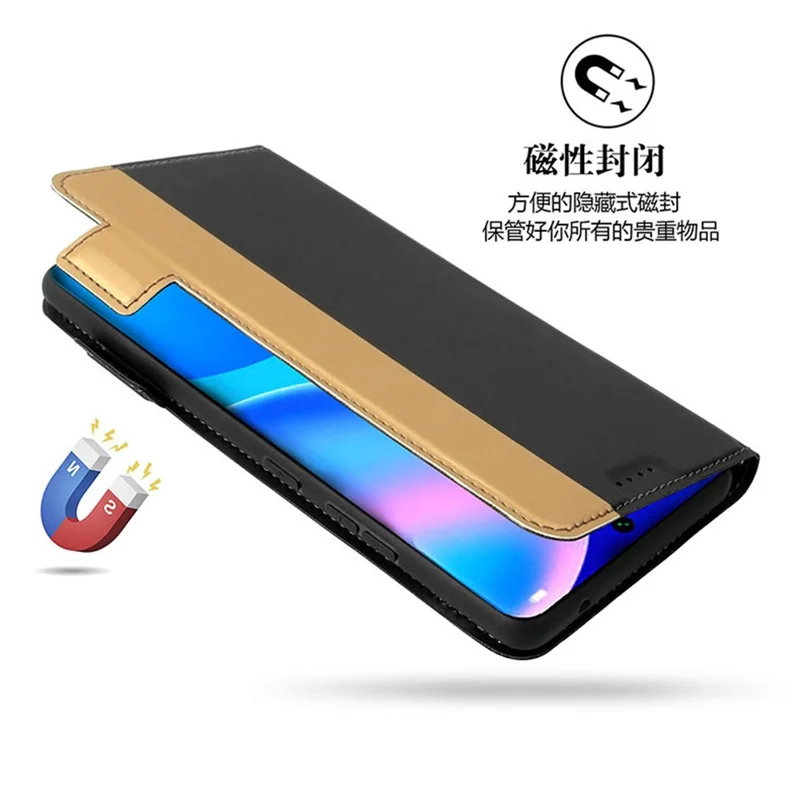 For iPhone 17e / 16e Case Color Splicing PU Leather Card Holder Phone Cover with Strap - Black