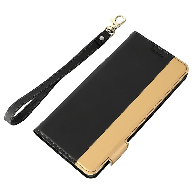 For iPhone 17e / 16e Case Color Splicing PU Leather Card Holder Phone Cover with Strap - Black