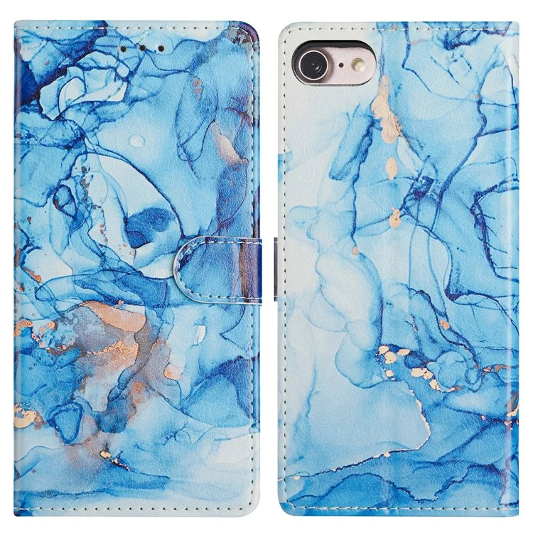 For iPhone 16e Wallet Phone Case PU Leather Flip Cover with Stand Card Holder Painted Design - Blue Marble