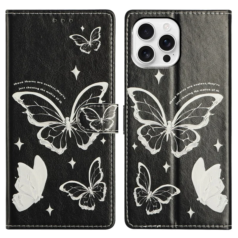 For iPhone 16 Pro Max Wallet Phone Case PU Leather Flip Cover with Stand Card Holder Painted Design - Butterfly