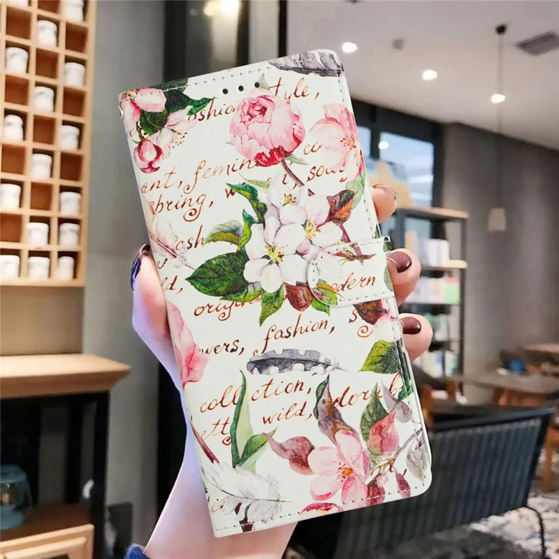 For iPhone 15 Pro Max Wallet Phone Case PU Leather Flip Cover with Stand Card Holder Painted Design - Green Leaves Flowers