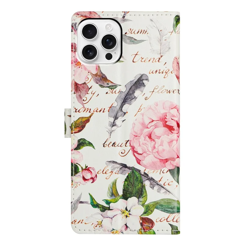For iPhone 15 Pro Max Wallet Phone Case PU Leather Flip Cover with Stand Card Holder Painted Design - Green Leaves Flowers
