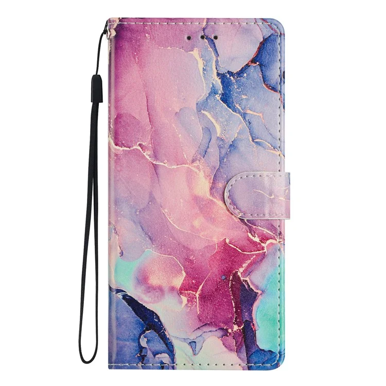 For iPhone 15 Pro Wallet Phone Case PU Leather Flip Cover with Stand Card Holder Painted Design - Green Pink Marble
