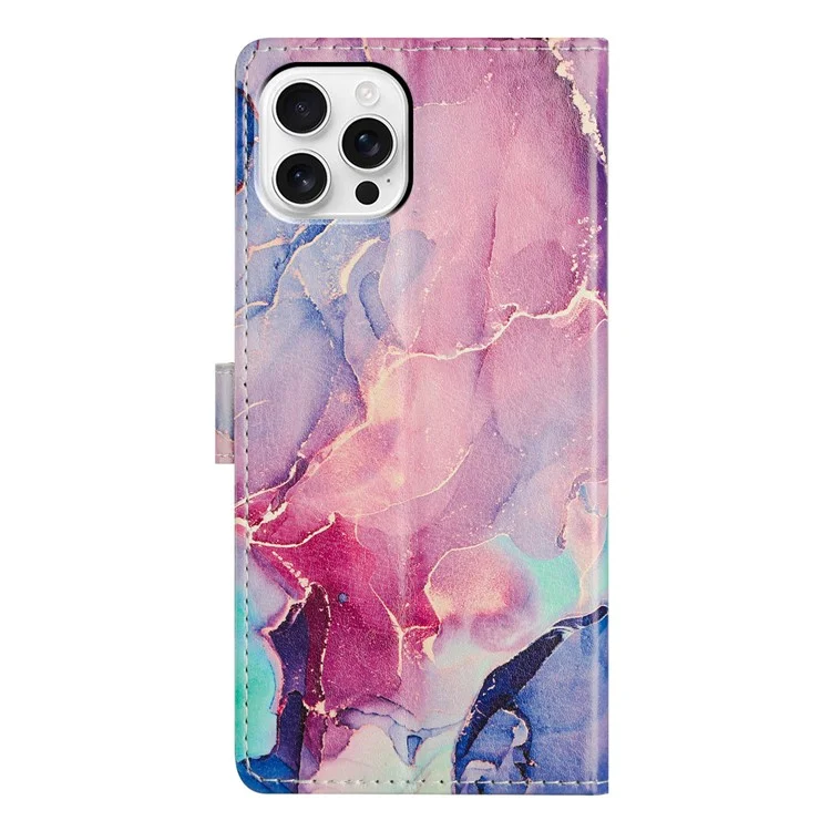 For iPhone 15 Pro Wallet Phone Case PU Leather Flip Cover with Stand Card Holder Painted Design - Green Pink Marble