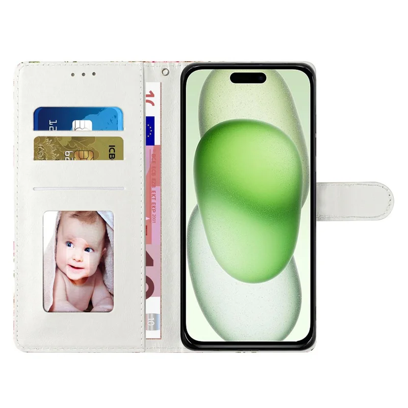 For iPhone 15 Wallet Phone Case PU Leather Flip Cover with Stand Card Holder Painted Design - Dandelion