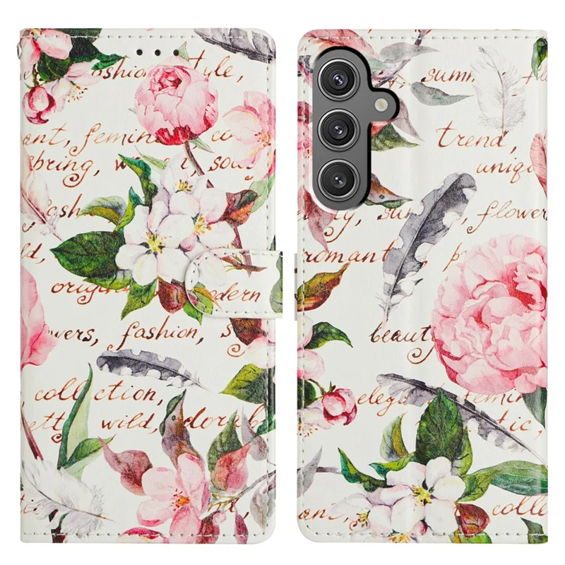 For Samsung Galaxy A56 5G Wallet Phone Case PU Leather Flip Cover with Stand Card Holder Painted Design - Green Leaves Flowers