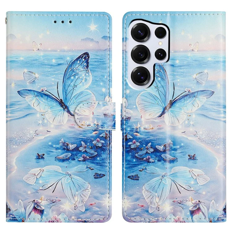 For Samsung Galaxy S25 Ultra Wallet Phone Case PU Leather Flip Cover with Stand Card Holder Painted Design - Ocean Butterfly