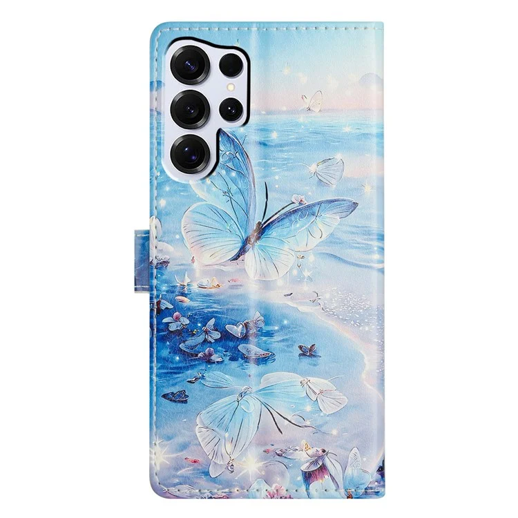 For Samsung Galaxy S25 Ultra Wallet Phone Case PU Leather Flip Cover with Stand Card Holder Painted Design - Ocean Butterfly
