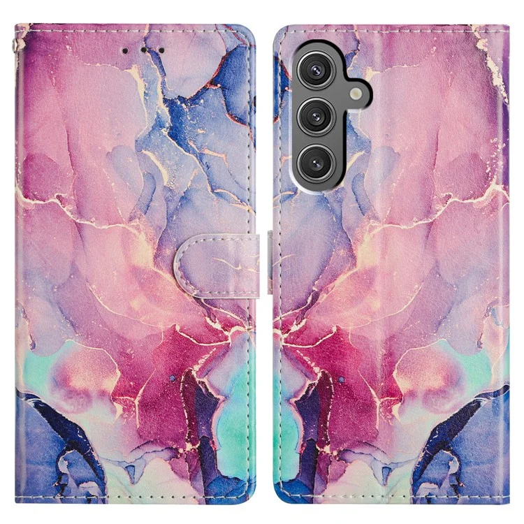 For Samsung Galaxy S24 Case Pattern Printing Wallet Stand Flip Leather Phone Cover - Green Pink Marble