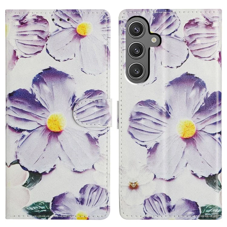 For Samsung Galaxy A55 5G Wallet Phone Case PU Leather Flip Cover with Stand Card Holder Painted Design - Purple Flower