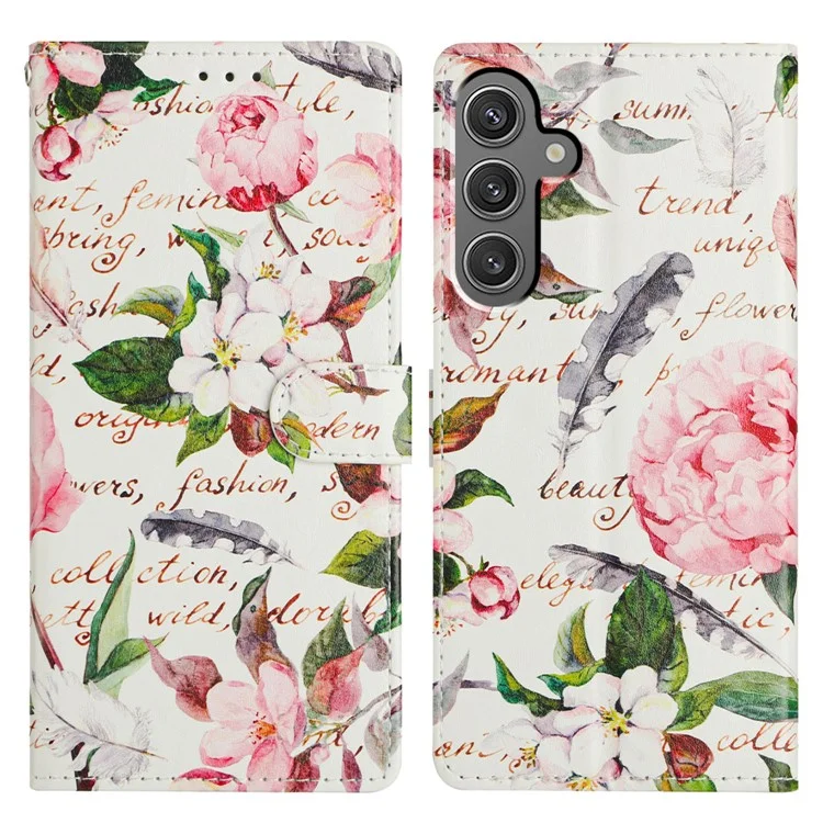 For Samsung Galaxy A15 5G Case Pattern Printing Wallet Stand Flip Leather Phone Cover - Green Leaves Flowers