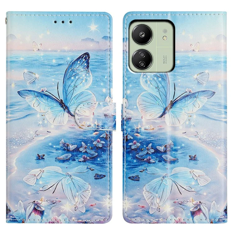 Funda tipo cartera para Xiaomi Redmi 13C 4G / 13C 5G con diseño de mariposa marina - Tapa abatible de cuero sintético con soporte y portarjetas