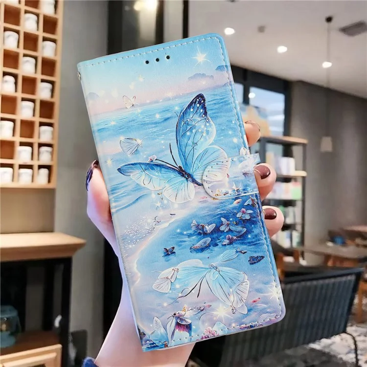 Funda tipo cartera para Xiaomi Redmi 13C 4G / 13C 5G con diseño de mariposa marina - Tapa abatible de cuero sintético con soporte y portarjetas