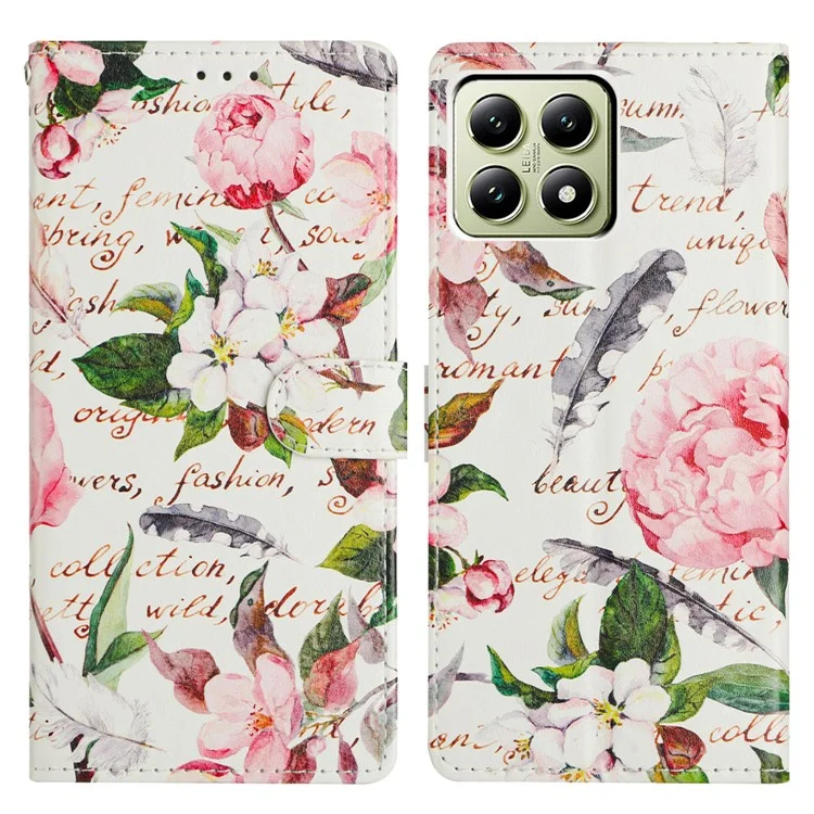 For Xiaomi 14T Wallet Phone Case PU Leather Flip Cover with Stand Card Holder Painted Design - Green Leaves Flowers