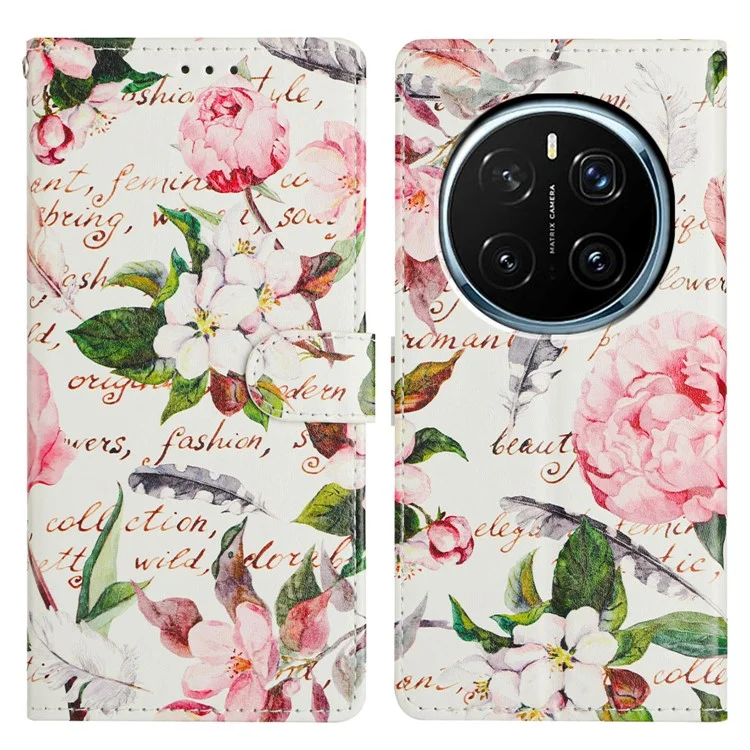For Honor Magic7 Pro 5G Wallet Phone Case PU Leather Flip Cover with Stand Card Holder Painted Design - Green Leaves Flowers