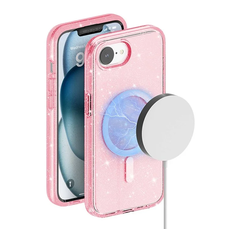 For iPhone 16e Magnetic Case Support Wireless Charging Glitter Powder PC + TPU Phone Cover - Pink