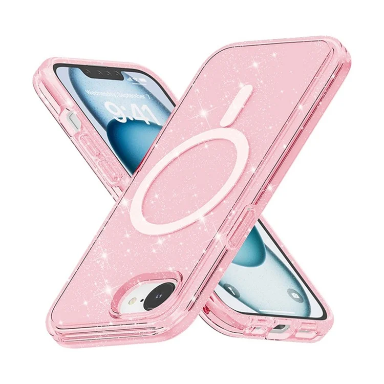 For iPhone 16e Magnetic Case Support Wireless Charging Glitter Powder PC + TPU Phone Cover - Pink