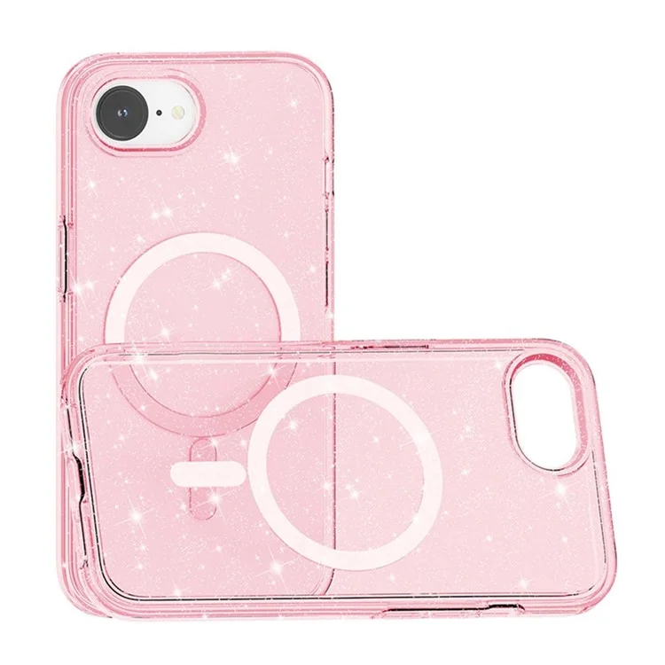 For iPhone 16e Magnetic Case Support Wireless Charging Glitter Powder PC + TPU Phone Cover - Pink