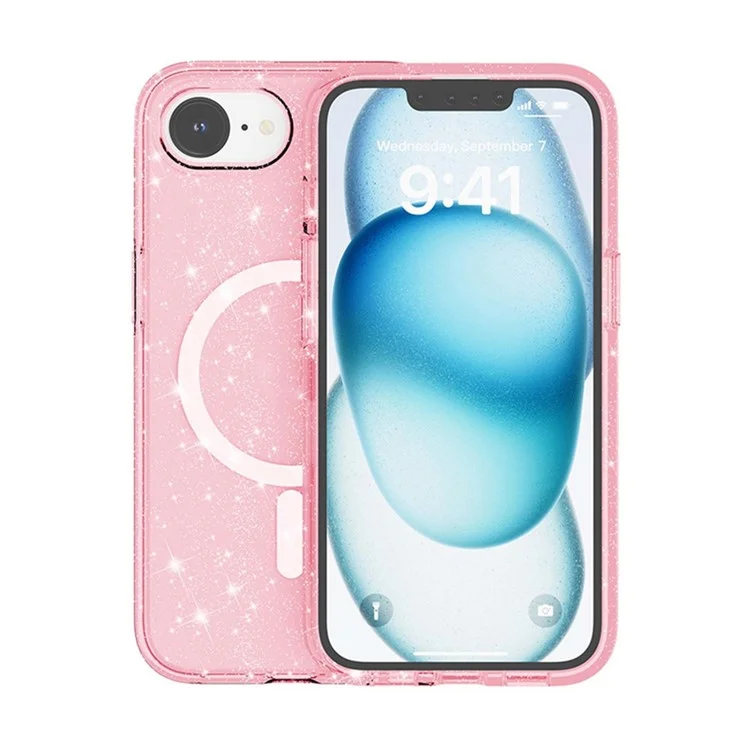 For iPhone 16e Magnetic Case Support Wireless Charging Glitter Powder PC + TPU Phone Cover - Pink