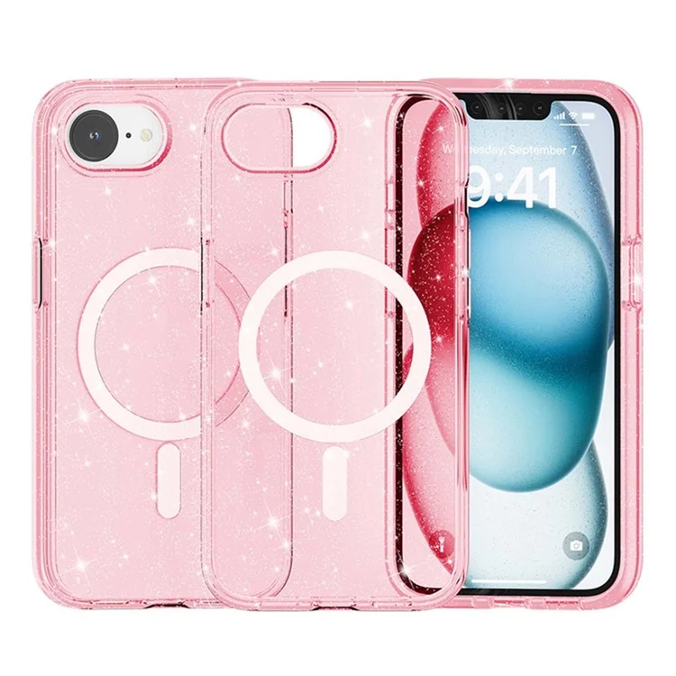 For iPhone 16e Magnetic Case Support Wireless Charging Glitter Powder PC + TPU Phone Cover - Pink