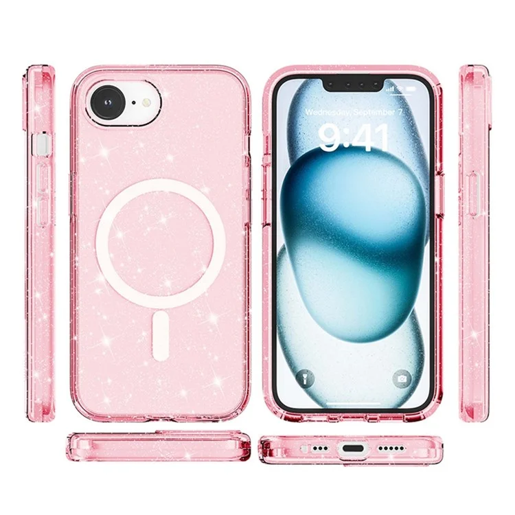 For iPhone 16e Magnetic Case Support Wireless Charging Glitter Powder PC + TPU Phone Cover - Pink