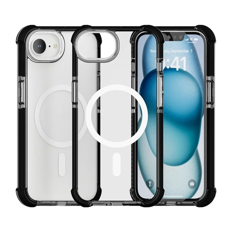 Чехол для iPhone 16e Прозрачный акриловый магнитный TPU + TPE + PC противоударный - Черный