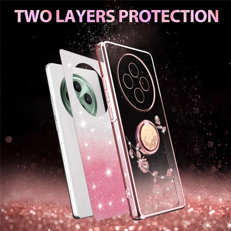 KADEM For Oppo Reno12 F 5G Case Ring Kickstand TPU Flowers Phone Cover Gradient Glitter - Rose Gold
