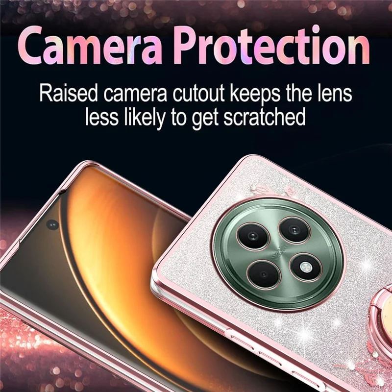 KADEM For Oppo Reno12 F 5G Case Ring Kickstand TPU Flowers Phone Cover Gradient Glitter - Rose Gold