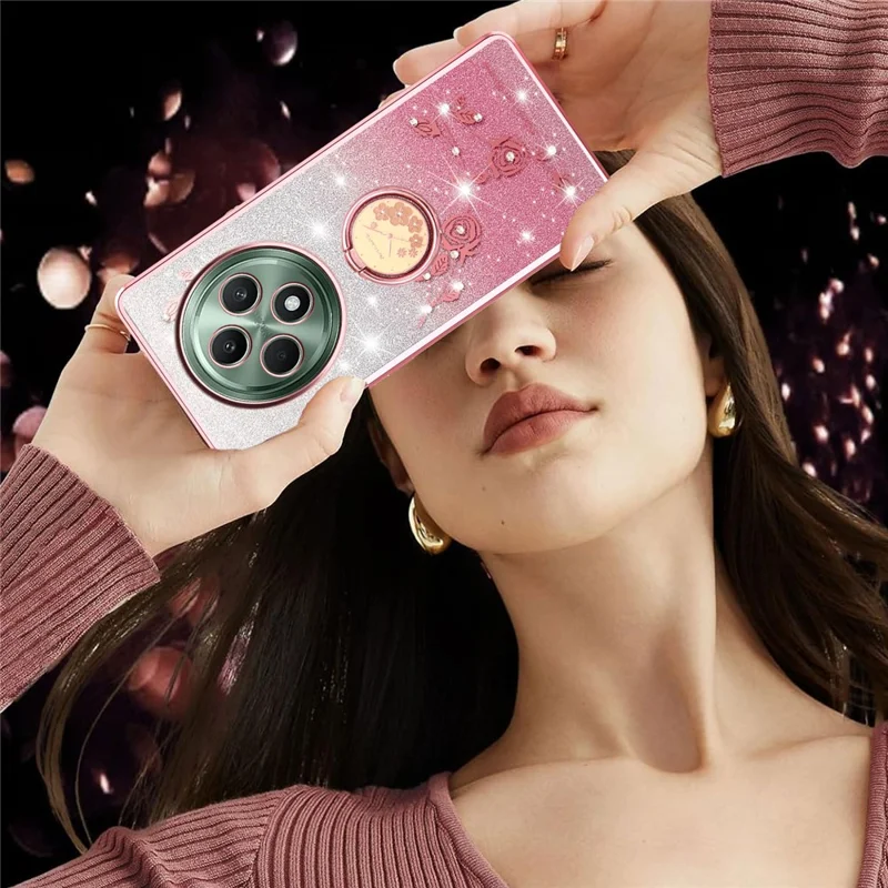 KADEM For Oppo Reno12 F 5G Case Ring Kickstand TPU Flowers Phone Cover Gradient Glitter - Rose Gold