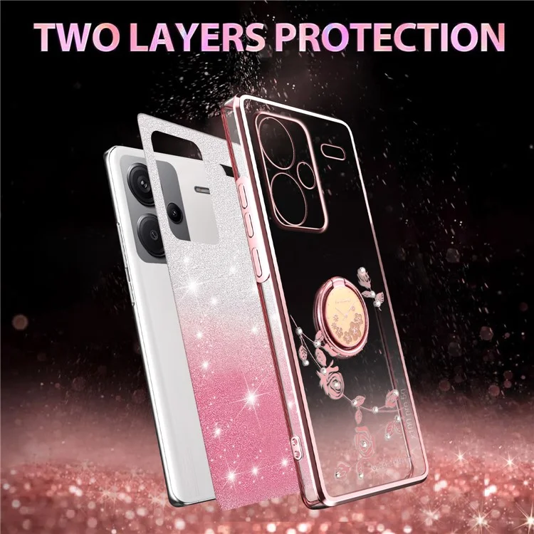 KADEM Für Xiaomi Redmi Note 13 Pro+ 5G Hülle Ring Ständer TPU Blumen Handyhülle Farbverlauf Glitzer - Roségold