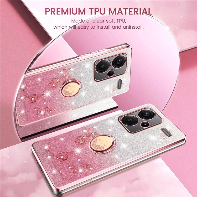KADEM Für Xiaomi Redmi Note 13 Pro+ 5G Hülle Ring Ständer TPU Blumen Handyhülle Farbverlauf Glitzer - Roségold