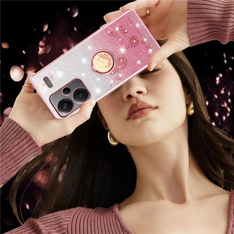 KADEM Für Xiaomi Redmi Note 13 Pro+ 5G Hülle Ring Ständer TPU Blumen Handyhülle Farbverlauf Glitzer - Roségold