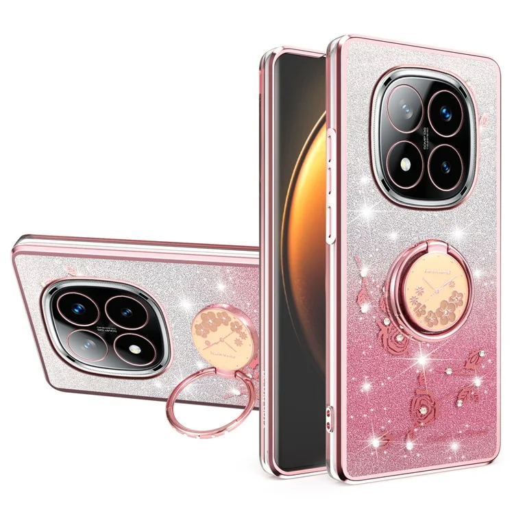 KADEM для Xiaomi Redmi Note 14 Pro+ 5G Чехол с кольцом-подставкой, ТПУ, Цветы, Чехол для телефона с градиентным блеском - Розовое золото