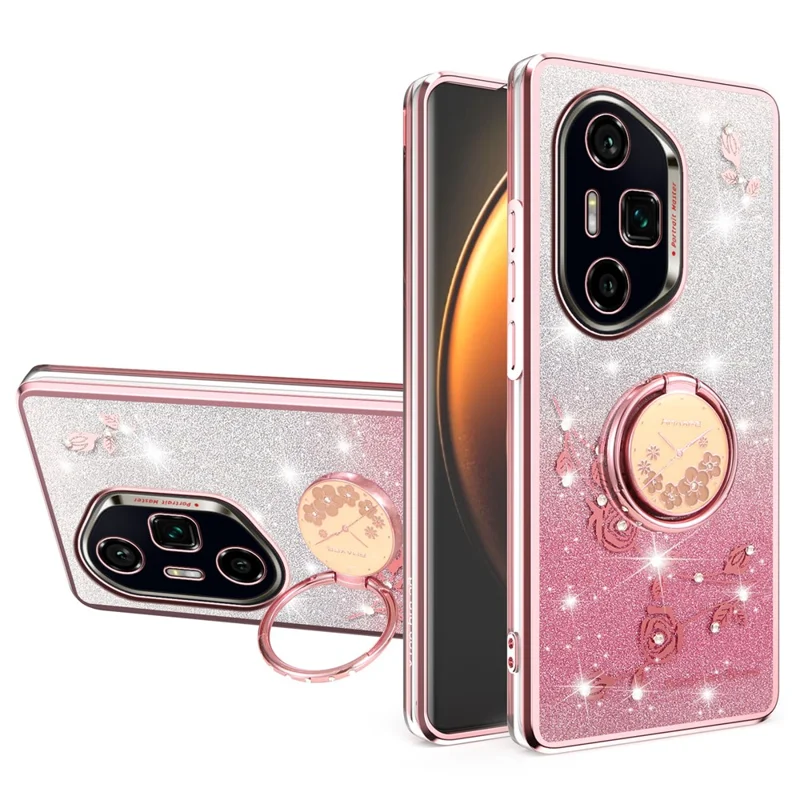 KADEM per Honor 300 Ultra Cover con Anello Supporto in TPU Fiori Cover per Telefono Sfumato Glitter - Oro Rosa
