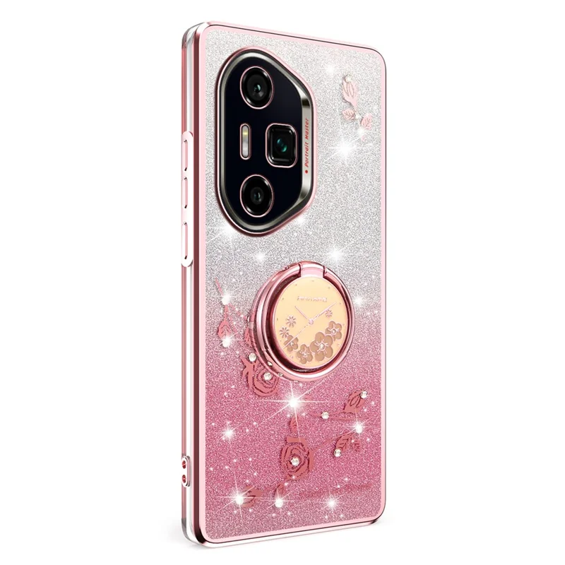 KADEM per Honor 300 Ultra Cover con Anello Supporto in TPU Fiori Cover per Telefono Sfumato Glitter - Oro Rosa