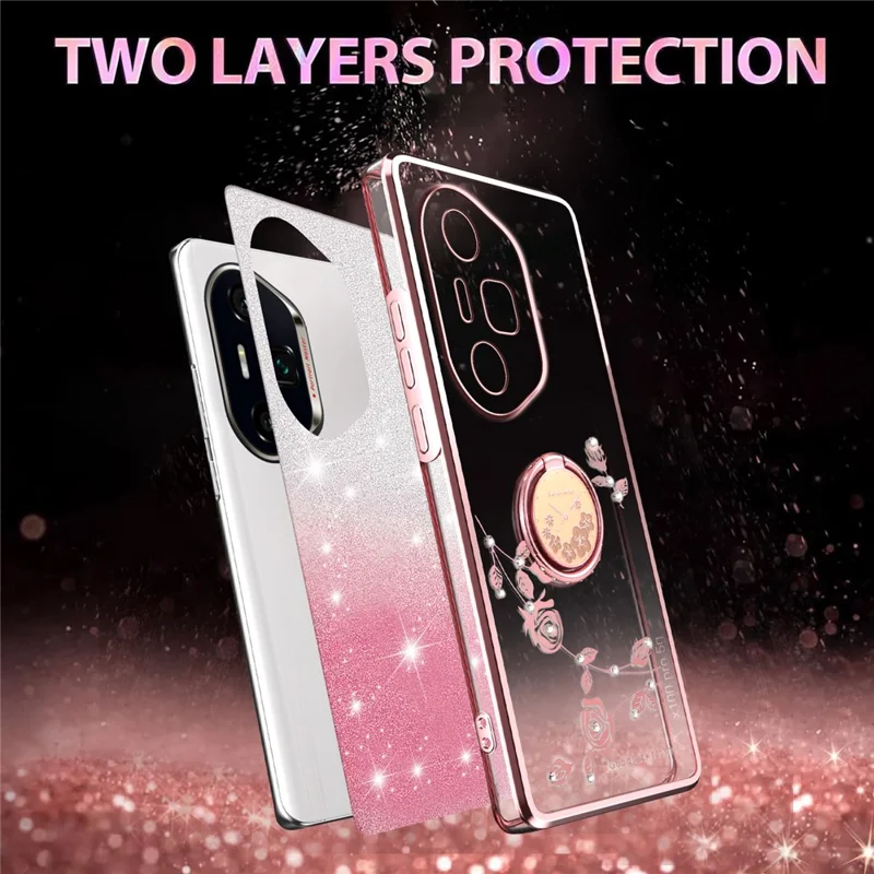 KADEM per Honor 300 Ultra Cover con Anello Supporto in TPU Fiori Cover per Telefono Sfumato Glitter - Oro Rosa