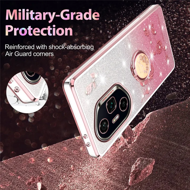 KADEM per Honor 300 Ultra Cover con Anello Supporto in TPU Fiori Cover per Telefono Sfumato Glitter - Oro Rosa