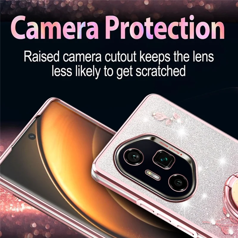 KADEM per Honor 300 Ultra Cover con Anello Supporto in TPU Fiori Cover per Telefono Sfumato Glitter - Oro Rosa