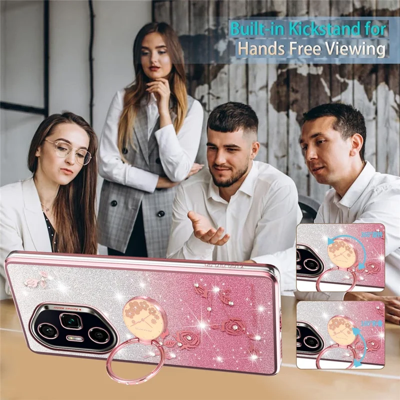KADEM per Honor 300 Ultra Cover con Anello Supporto in TPU Fiori Cover per Telefono Sfumato Glitter - Oro Rosa