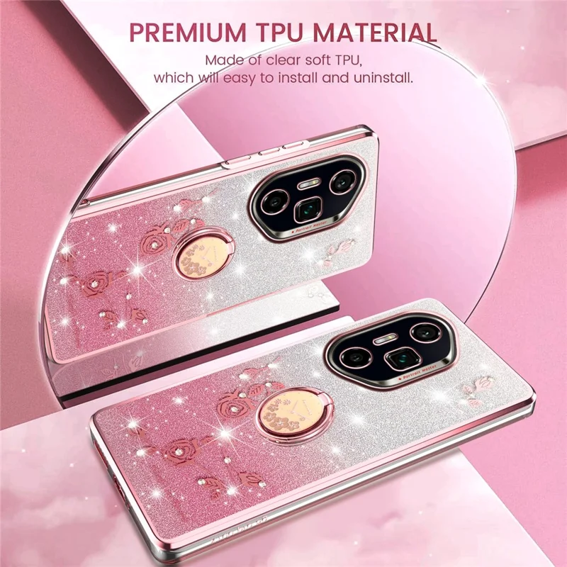 KADEM per Honor 300 Ultra Cover con Anello Supporto in TPU Fiori Cover per Telefono Sfumato Glitter - Oro Rosa