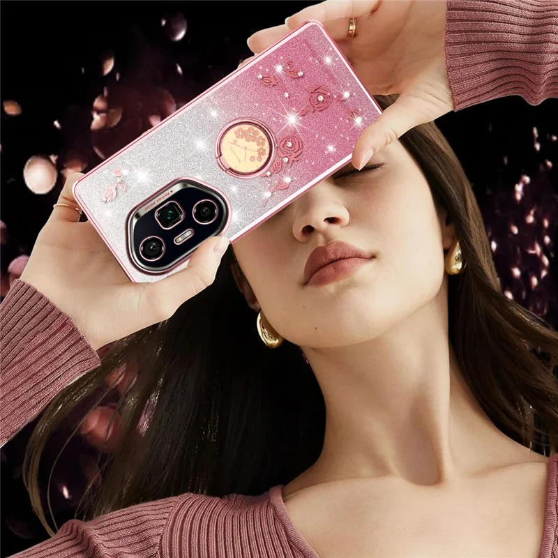 KADEM per Honor 300 Ultra Cover con Anello Supporto in TPU Fiori Cover per Telefono Sfumato Glitter - Oro Rosa