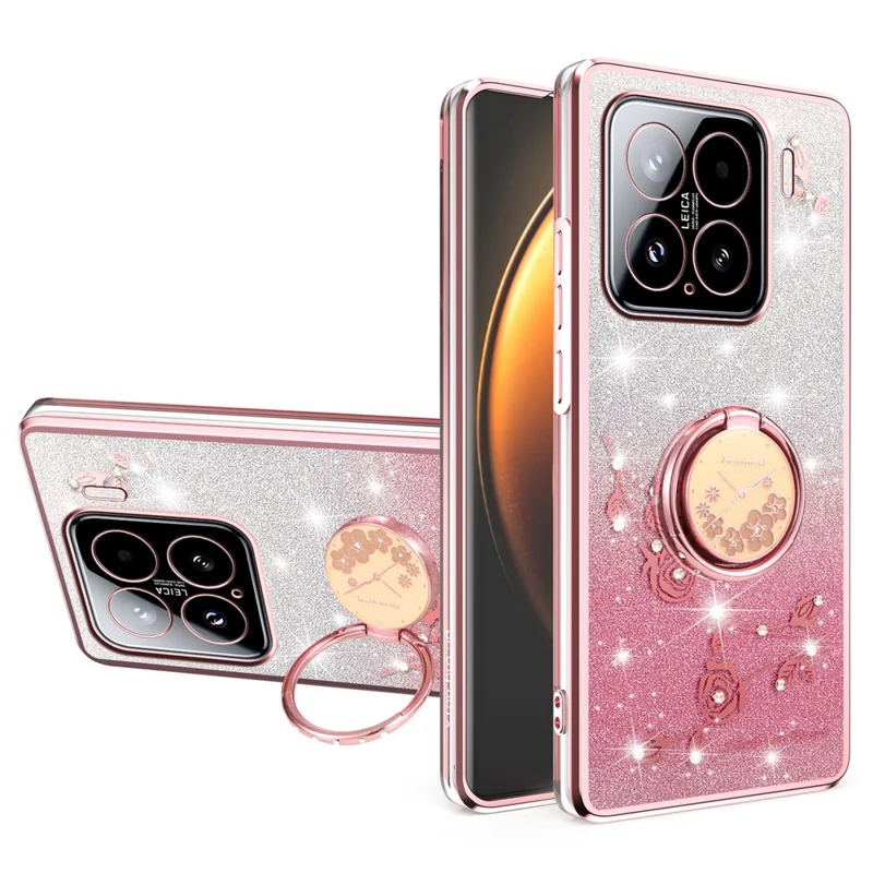 KADEM For Xiaomi 15 Case Ring Kickstand TPU Flowers Phone Cover Gradient Glitter - Rose Gold