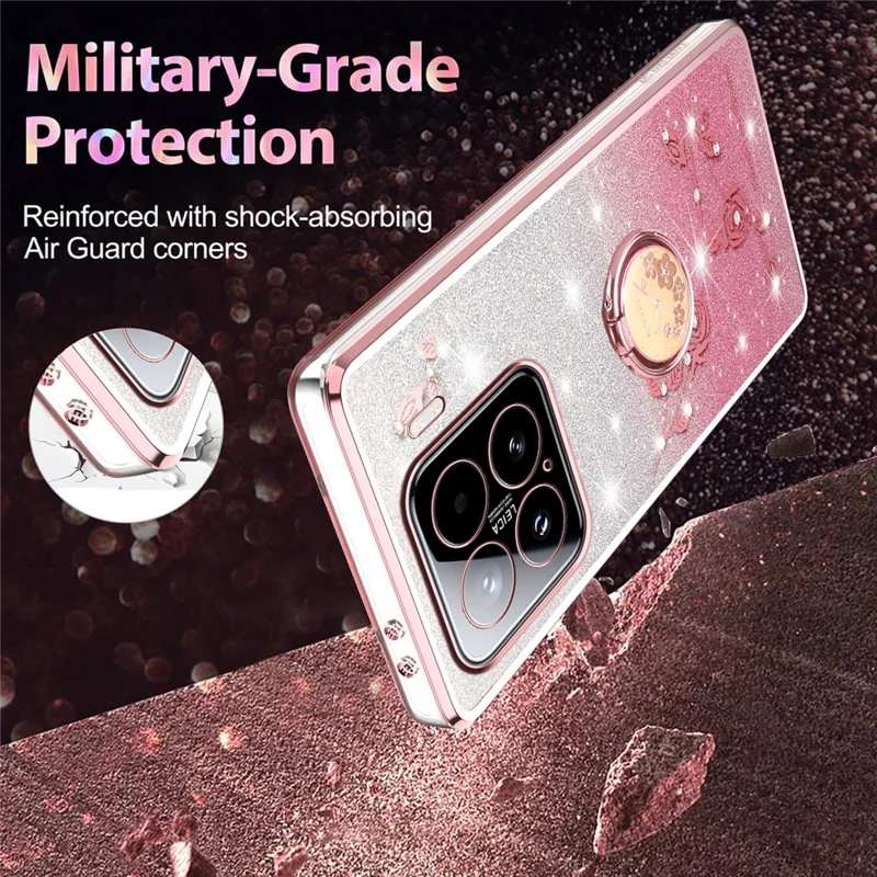 KADEM For Xiaomi 15 Case Ring Kickstand TPU Flowers Phone Cover Gradient Glitter - Rose Gold