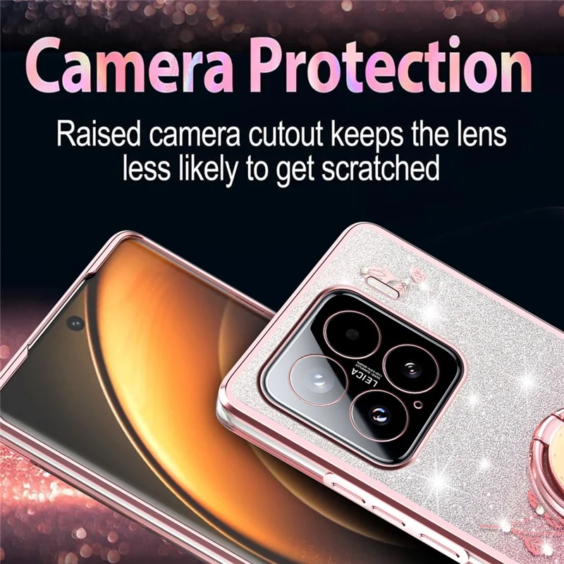 KADEM For Xiaomi 15 Case Ring Kickstand TPU Flowers Phone Cover Gradient Glitter - Rose Gold