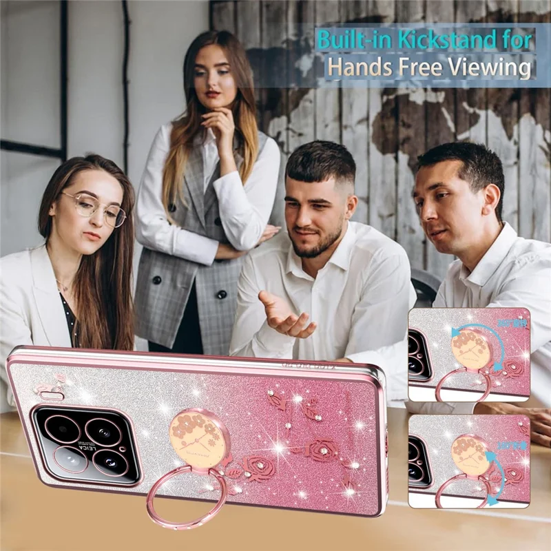 KADEM For Xiaomi 15 Case Ring Kickstand TPU Flowers Phone Cover Gradient Glitter - Rose Gold