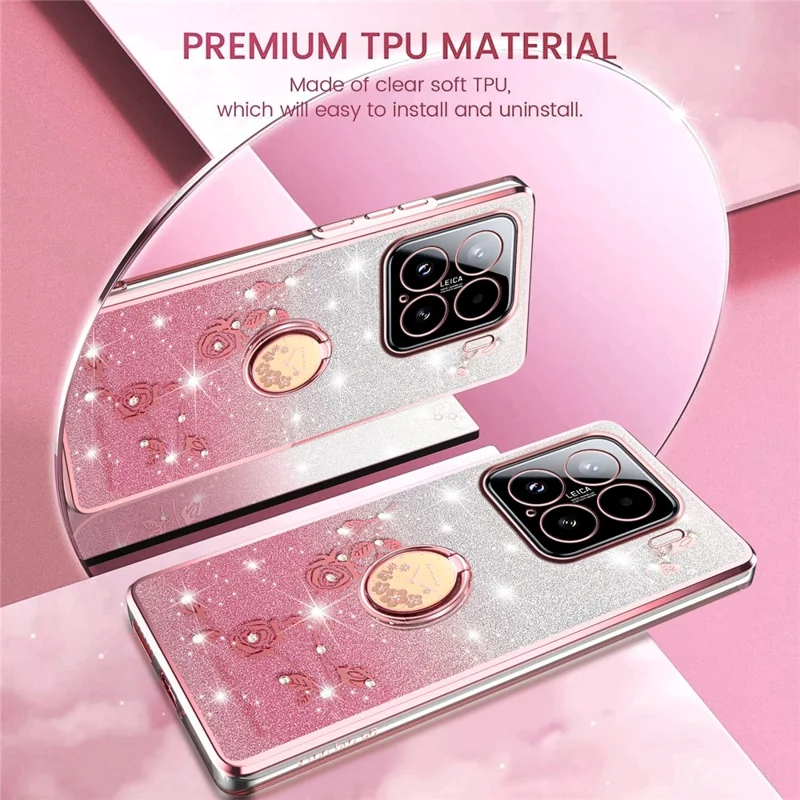 KADEM For Xiaomi 15 Case Ring Kickstand TPU Flowers Phone Cover Gradient Glitter - Rose Gold